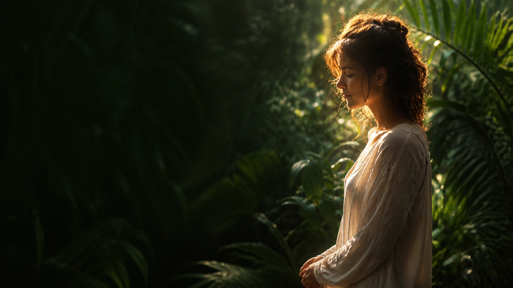 Jordynn Watson standing in golden light among tropical plants